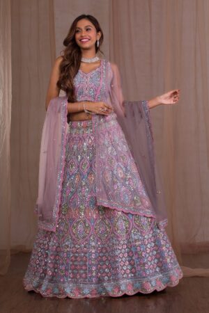 Lavender Mirrorwork Net Readymade Lehenga