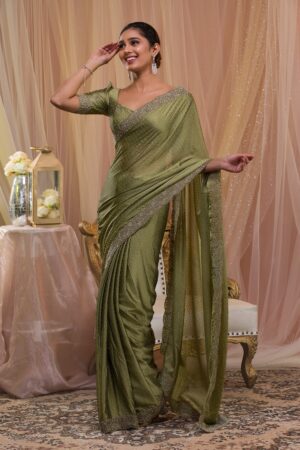 Pista Green Stonework Crepe Designer Saree