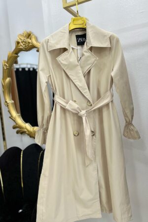 Cream Solid Belted Trench Coat
