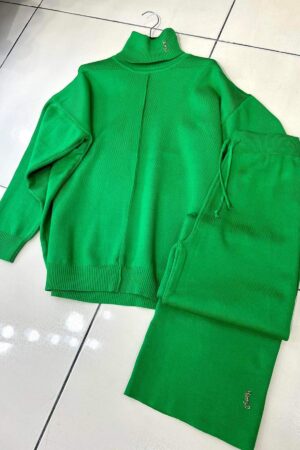 Green High-Neck Knit Jacket with Matching Pants Set