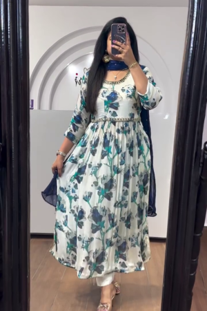 White and Blue Stains Organza Printed Anarkali Gown With Pant & Dupatta Set
