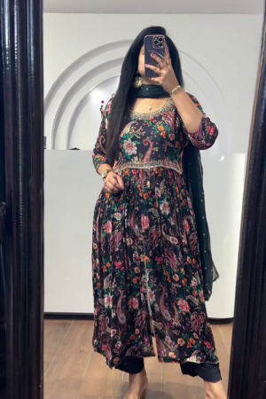 Black Stains Organza Printed Anarkali Gown With Pant & Dupatta Set