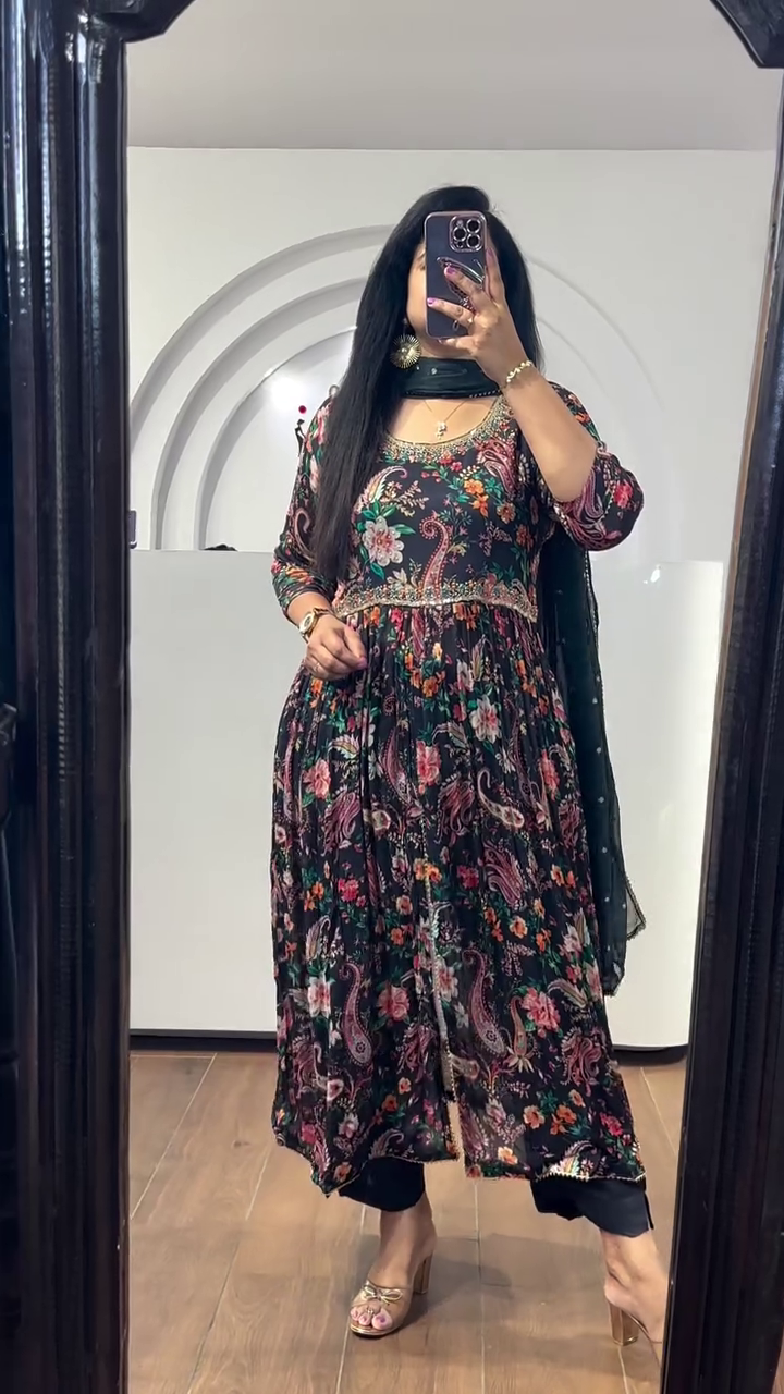 Black Stains Organza Printed Anarkali Gown With Pant & Dupatta Set