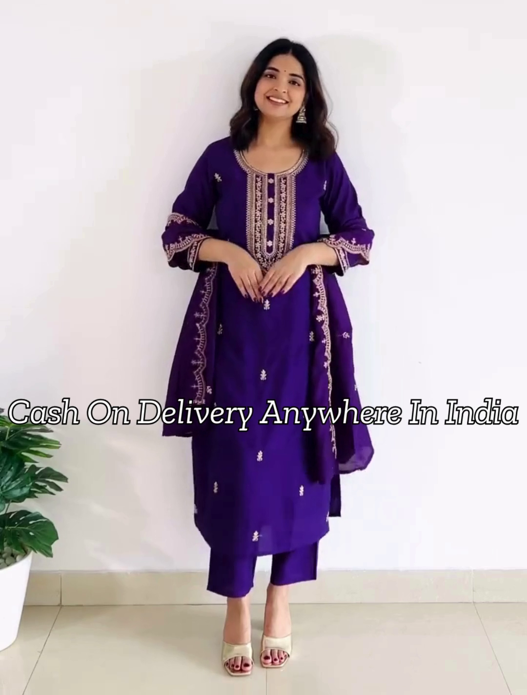 Purple Ethnic Motifs Embroidered Sequinned Straight Kurta with Trousers & Dupatta