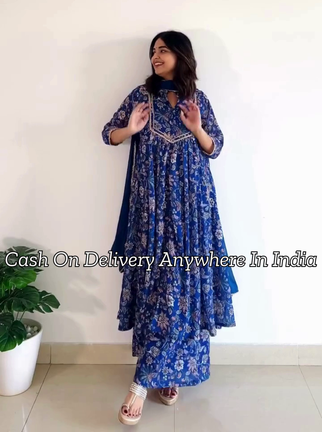 Blue Floral Printed Mandarin Collar Gotta Patti Anarkali Kurta With Palazzos & Dupatta