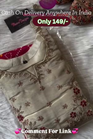 Cream/Beige Embroidered Kurti Set with Floral Dupatta