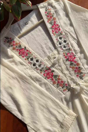 Women White Embroidered Mirror Work Pure Cotton Kurta With Trousers