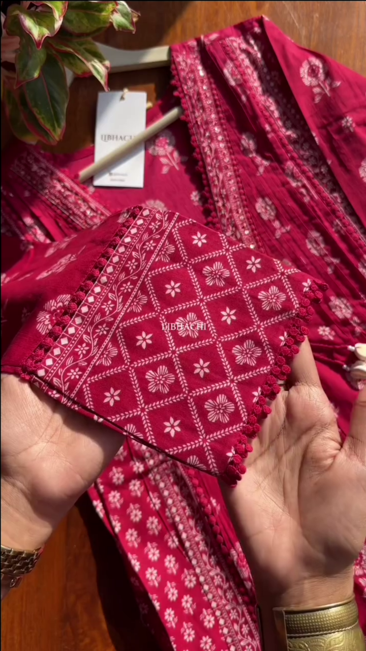 A-Line Rani Pink Cotton Set with Divider Bottom & Crochet Lace Detailing - Image 2