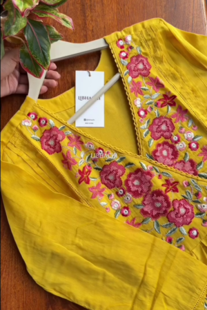 Mul Mul cotton embroidered Anarkali with pants and dupatta - Yellow