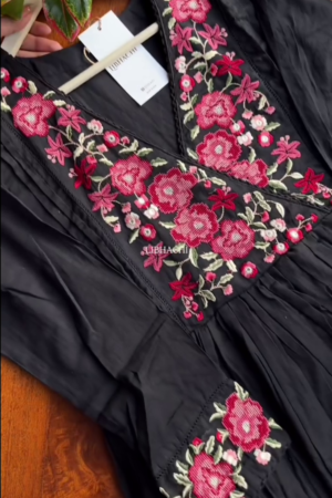 Mul Mul cotton embroidered Anarkali with pants and dupatta - Black