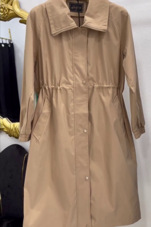 Beige Solid Button-Front Trench Coat