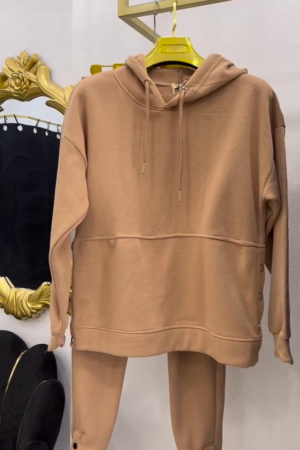 Camel Solid Hooded Sweatshirt with Matching Pants Set