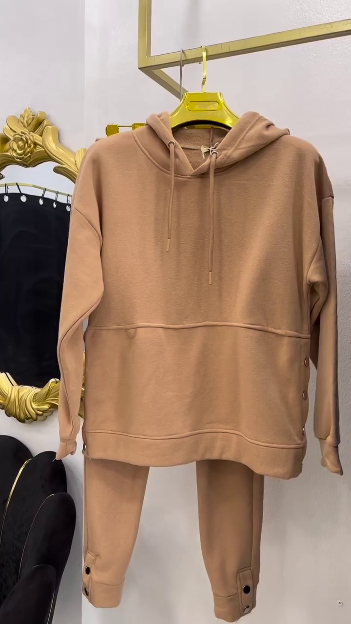 Camel Solid Hooded Sweatshirt with Matching Pants Set