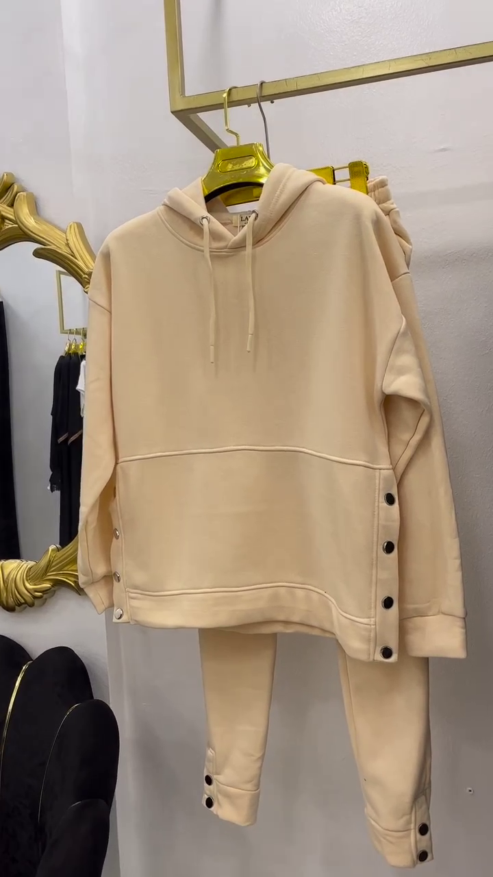 Camel Solid Hooded Sweatshirt with Matching Pants Set - Image 3