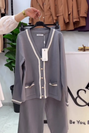 Grey Contrast-Trim Button-Front Cardigan with Shorts Set