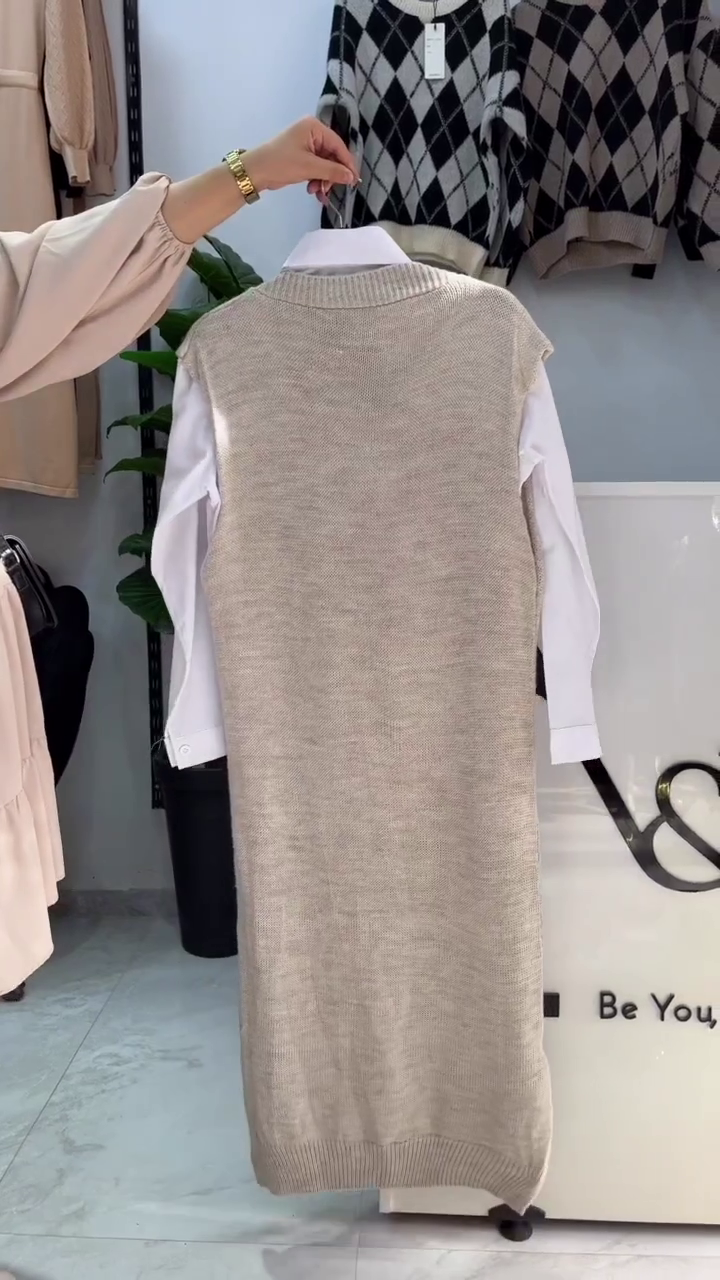 Beige V-Neck Knit Vest with White Shirt - Image 2