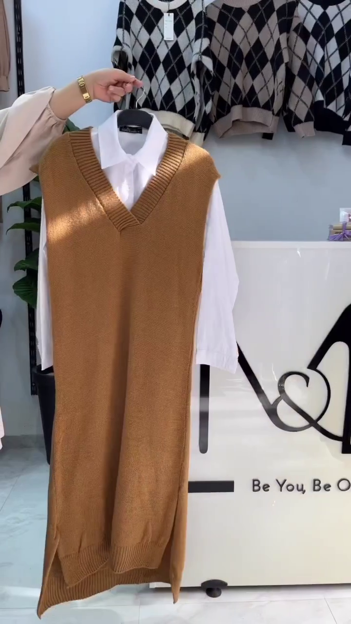 Beige V-Neck Knit Vest with White Shirt - Image 3