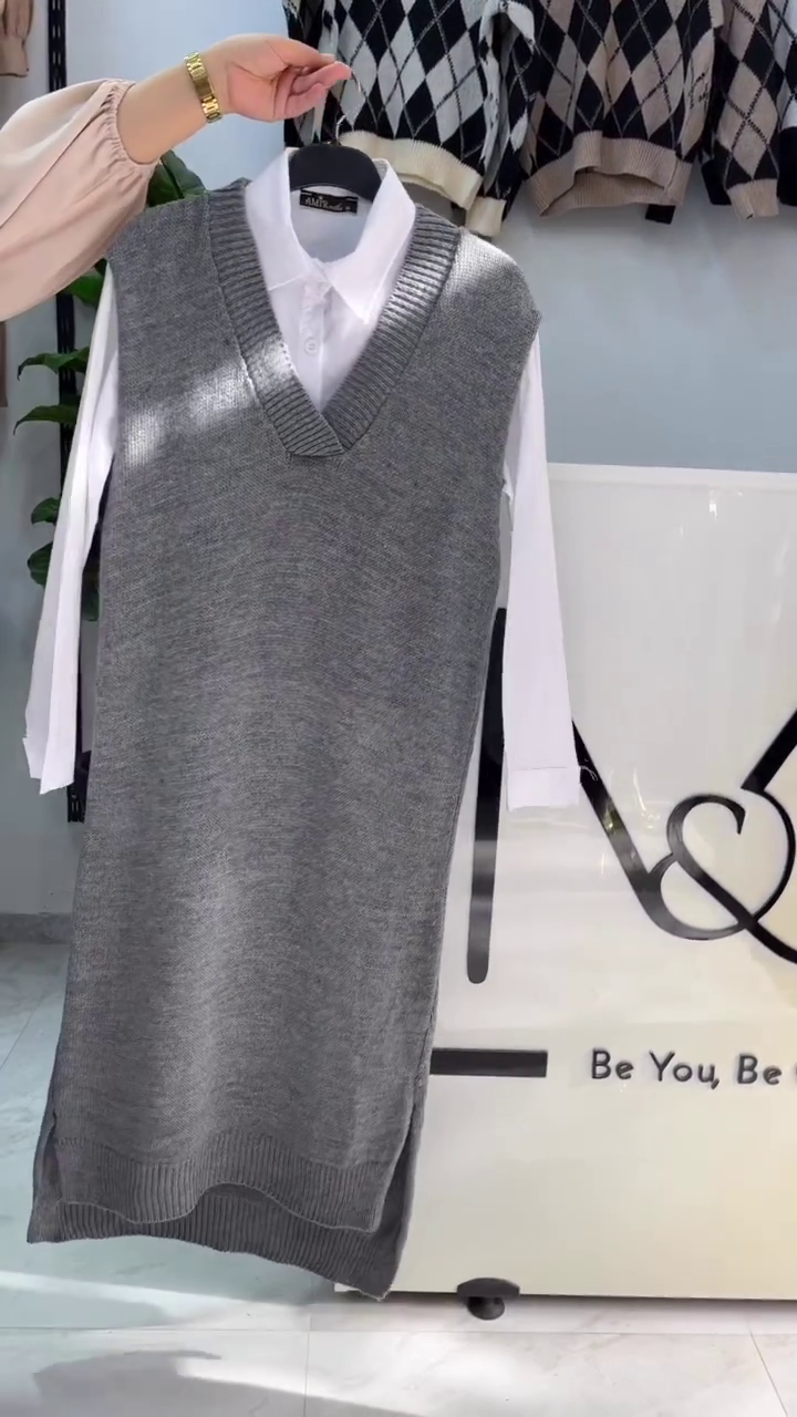 Beige V-Neck Knit Vest with White Shirt - Image 4