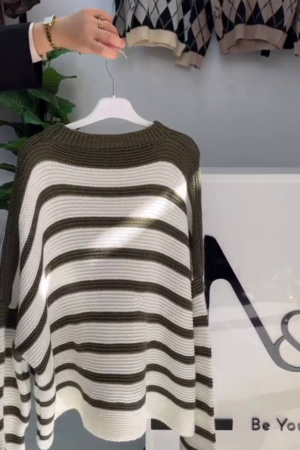 White & Grey Striped Crew-Neck Knit Sweater