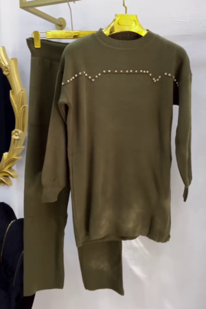 Olive Green Embellished Knit Top with Matching Pants Set
