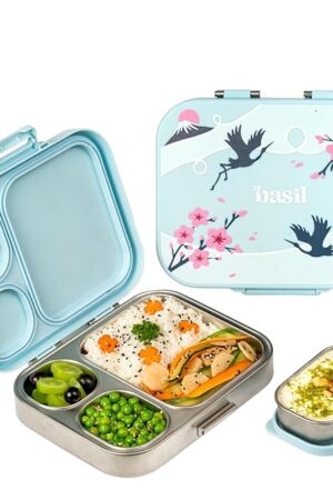 Bento Box Quad Plus – 4 Compartment Stainless Steel Lunch Box (1020ml) with BPA-Free Lid | Leak-Proof Tiffin for Kids & Adults | Premium Lunch Box for School, Office & Picnic – Sakura Bloom Visit the Basil Store