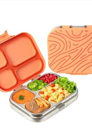 Bento Box Quad - 4 Compartment Stainless Steel Lunch Box with BPA-Free Plastic Lid | 800 ml Leak-Proof Tiffin Box for Kids & Adults | Premium School, Office, and Picnic Lunch Box - Coral Swirl