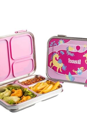 Bento Box - 900 ml 3 Compartment Stainless Steel Lunch Box for Kids | Leak-Proof Tiffin for School - Pink Unicorn | Pixie Dash