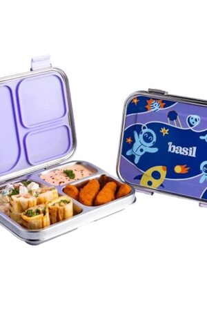Bento Box - 900 ml 3 Compartment Stainless Steel Lunch Box for Kids | Leak-Proof Tiffin for School - Blue Space | Super Swoosh