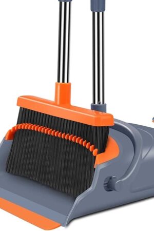 Upgrade Broom and Dustpan Set, Self-Cleaning with Dustpan Teeth, Indoor&Outdoor Sweeping, Ideal for Dog Cat Pets Home Use, Stand Up Broom and Dustpan (Gray&Orange)