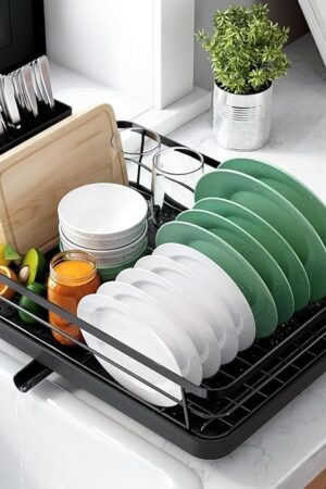 Kitchen Dish Drying Rack for Kitchen Counter, Stainless Steel Sink Organization and Storage Essentials with Cutlery Holder, Home and Appartment Decor, 12''W x 15.5''L, Black