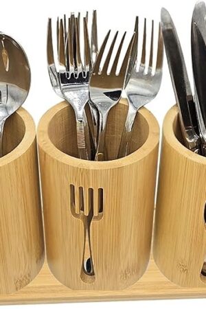 Bamboo Cutlery Holder Set - 3 kitchen Utensils Holder Cutlery Organiser with Bamboo Tray | Decorative kitchen countertop Cutlery Stand | Utensil holder - knife, fork and Spoon Holders