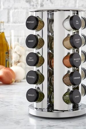 0 Jar Revolving Countertop Spice Rack with Spices Included, FREE Spice Refills for 5 Years, Polished Stainless Steel with Black Caps, 30020