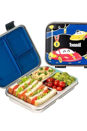 Bento Neo Classic 2025 – New & Improved, 1000ml 3-Compartment Stainless Steel Lunch Box for Adults, Teens & Kids | Leak-Proof & Easy to Open Tiffin for Office, School, College - Black Car