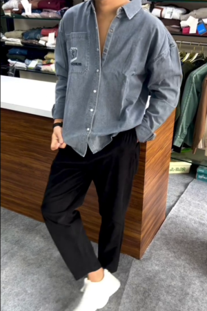 Men’s Slate Grey "Urban Nomad" Oversized Acid-Wash Denim Shirt