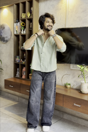 Men’s "Evergreen Mist" Relaxed Seersucker Shirt – Sage Green & White Vertical Pinstripe