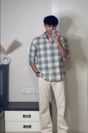 Men’s "Amber Lattice" Relaxed-Fit Shirt – Hand-Stamped Geometric Print in Mustard & Charcoal