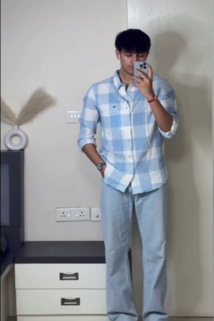 Men’s "Azure Grid" Relaxed-Fit Flannel – Premium Brushed Cotton in Sky Blue & Crisp White Buffalo Check