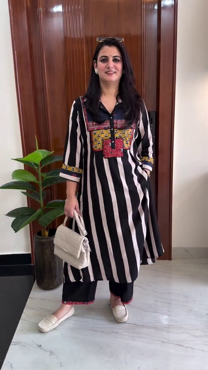 Black & White Striped Designer Kurta Set